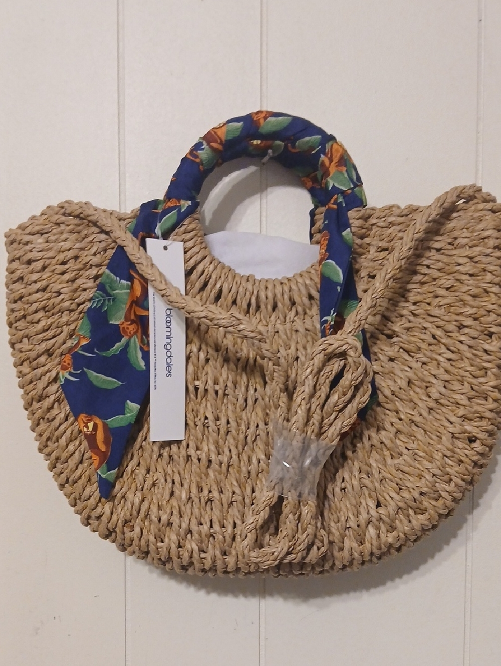 Aqua/Urban Expression, Woven Straw Tote with Navy Floral Monkey Scarf Handles